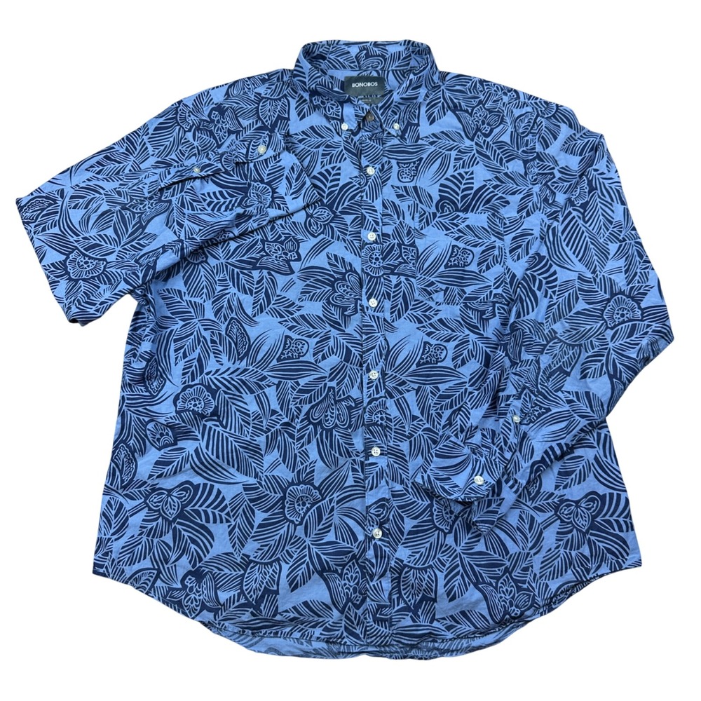 Bonobos Mens Blue Tropical Leaf Print Button Down Shirt XXL Standard Fit Cotton - Picture 2 of 8